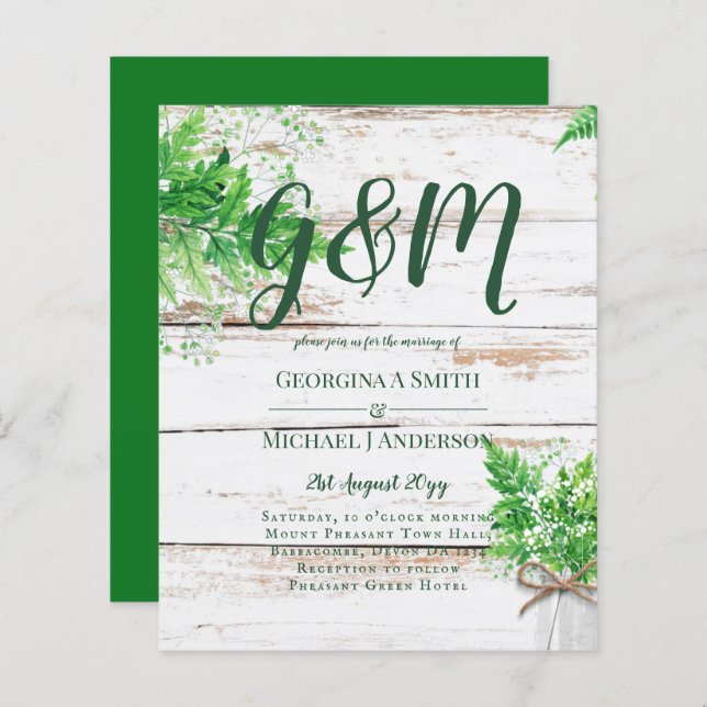 BUDGET Rustic Ferns Greenery Chic Wedding Invite (Front/Back)