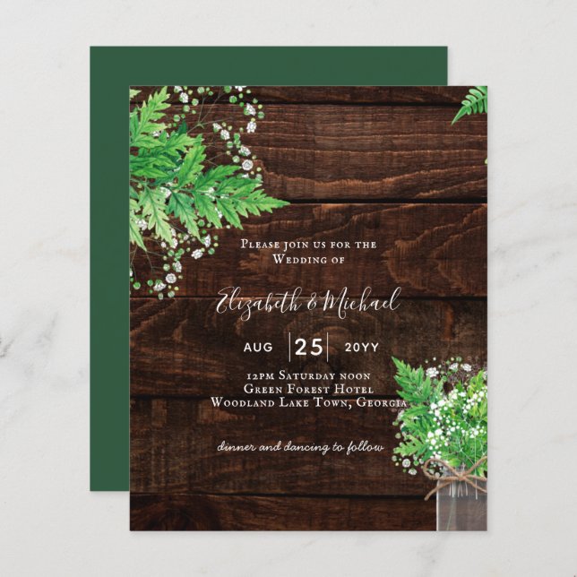 BUDGET Rustic Ferns Greenery Chic Wedding Invite (Front/Back)