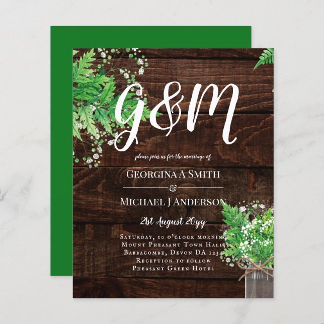 BUDGET Rustic Ferns Greenery Chic Wedding Invite (Front/Back)