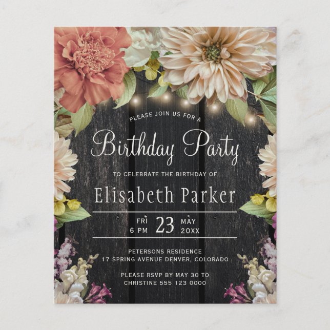Budget rustic floral birthday party invitation (Front)