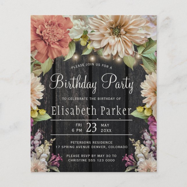 Budget rustic floral birthday party invitation flyer (Front)