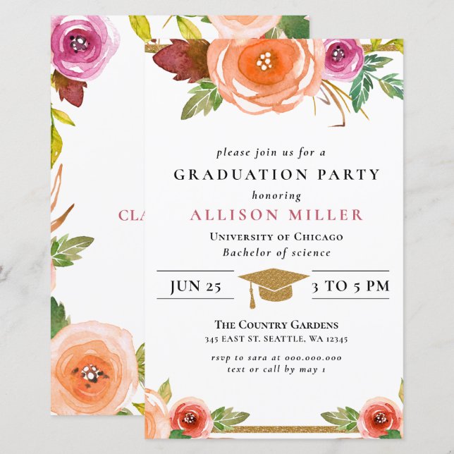 Budget Rustic Floral Graduation Invitation (Front/Back)