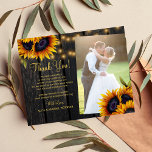 Budget rustic floral photo wedding thank you card<br><div class="desc">Elegant chic summer or fall wedding stylish BUDGET affordable thank you card template on dark brown barn wood featuring beautiful sunflowers bouquets, strings or twinkle lights, and a chic faux gold calligraphy script. Easy to personalise with your details and photo! Suitable for elegant summer or autumn fall rustic country outdoor...</div>