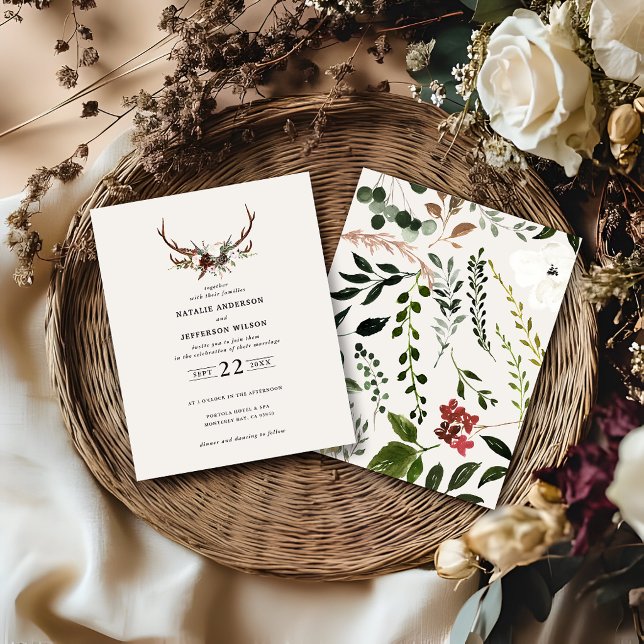 budget Rustic floral stag antlers wedding invite (Creator Uploaded)