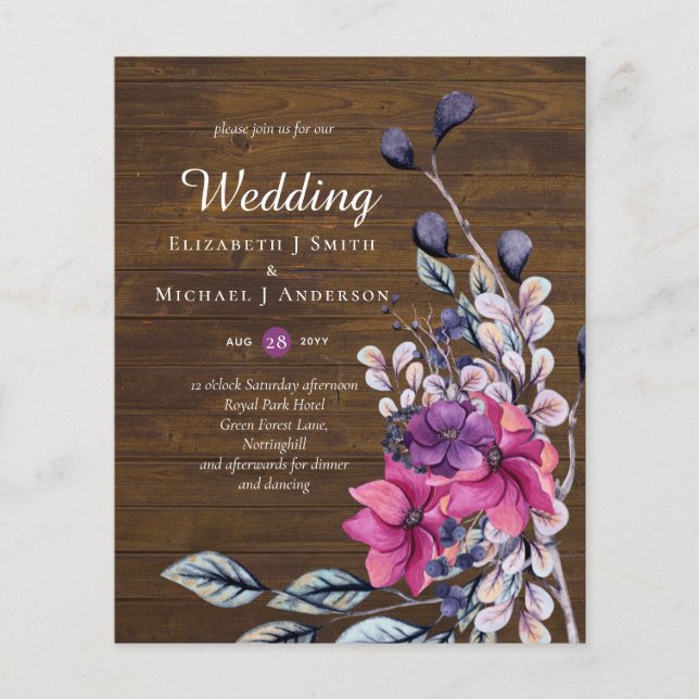 BUDGET Rustic Fuchsia Floral Woodland Wedding Flyer (Front)