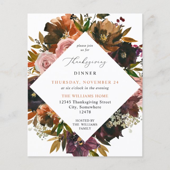Budget Rustic Gold Fall Floral Thanksgiving Flyer (Front)