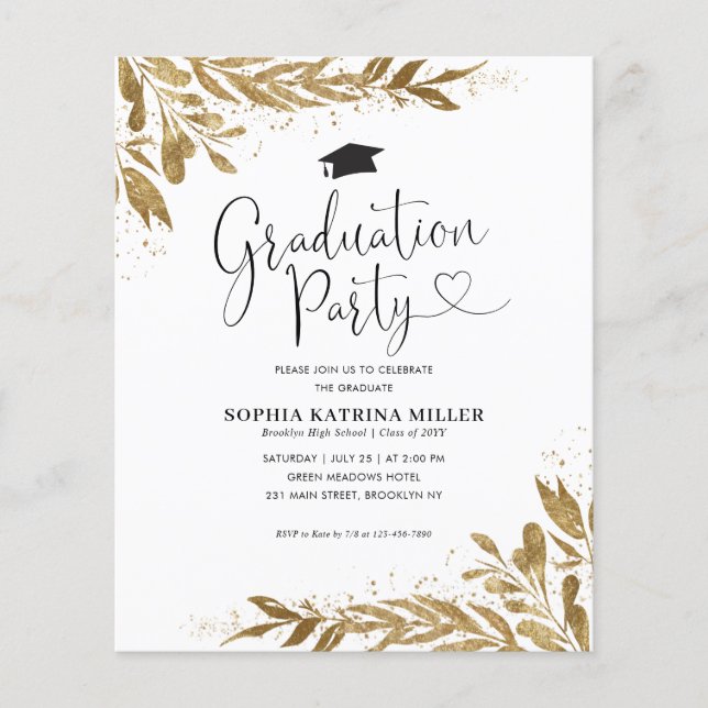 Budget Rustic Gold Floral Sparkle Graduation Party (Front)