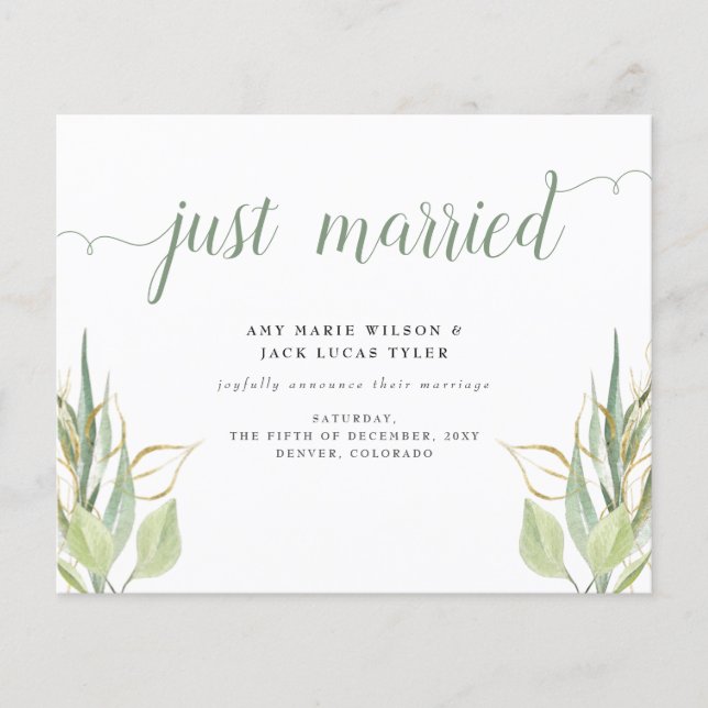 Budget Rustic Green Botanical Wedding Announcement (Front)