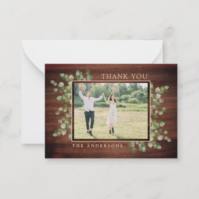 Budget Rustic Greenery Wedding Photo Thank You Card (Front)