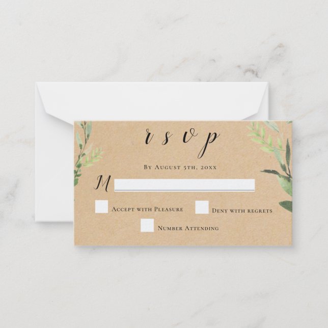 Budget Rustic Greenery Wedding RSVP Response Cards (Front)