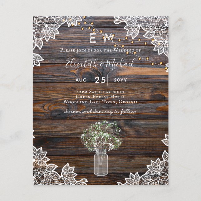 BUDGET Rustic Gypsophila Lights Mason Jars Invite (Front)