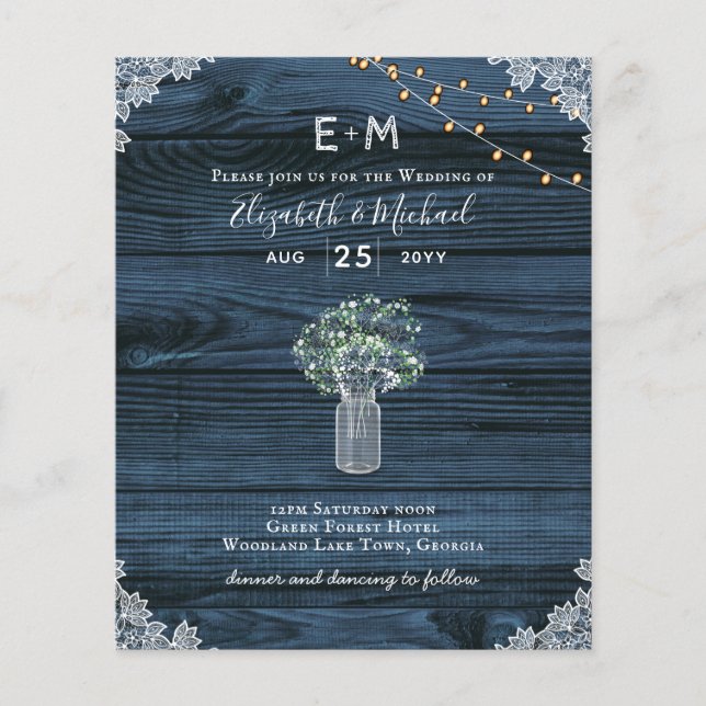 BUDGET Rustic Gypsophila Lights Mason Jars Invite (Front)