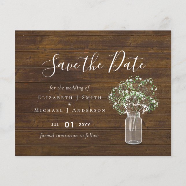 Budget Rustic Gypsophila Mason Jar Save the Dates (Front)