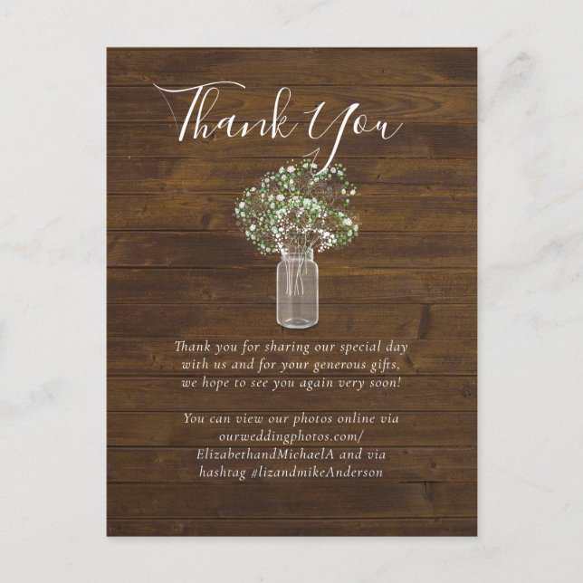 Budget Rustic Gypsophila Mason Jar Wedding Postcard (Front)
