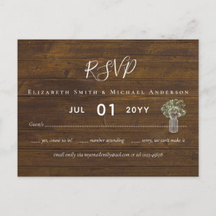 Budget Rustic Gypsophila Mason Jar Wedding RSVP Postcard