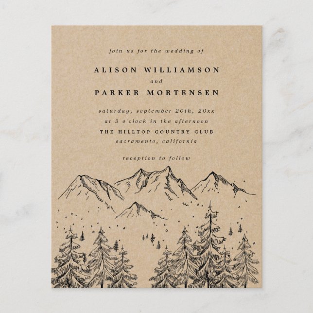 Budget Rustic Hand-drawn Mountains & Trees Wedding (Front)