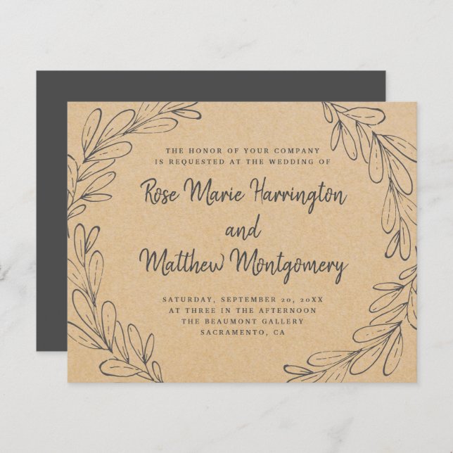 Budget Rustic Kraft & Hand-drawn Leaves Wedding (Front/Back)