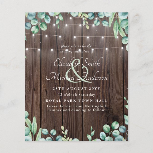 Budget Rustic Lights Greenery Eucalyptus Invite (Front)