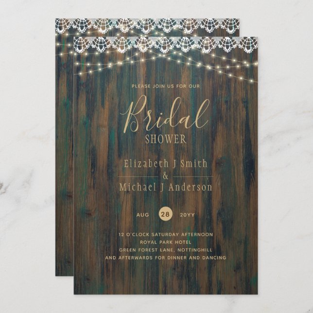 BUDGET RUSTIC LIGHTS LACE BRIDAL SHOWER INVITATION (Front/Back)