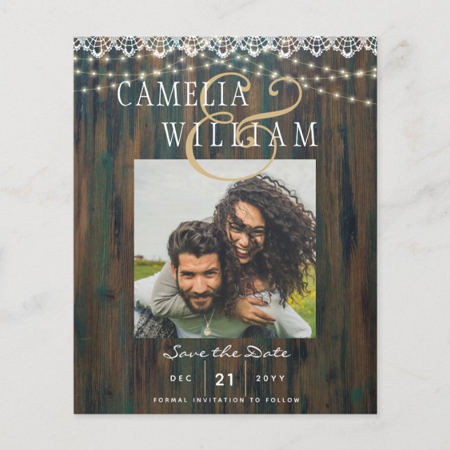 BUDGET RUSTIC LIGHTS LACE PHOTO Wedding Save Date Flyer (Front)