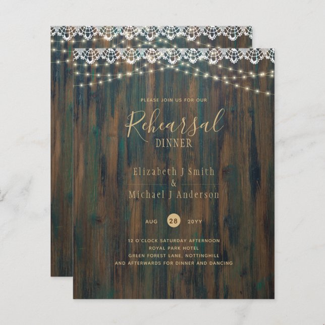 BUDGET RUSTIC LIGHTS LACE REHEARSAL DINNER Invite (Front/Back)