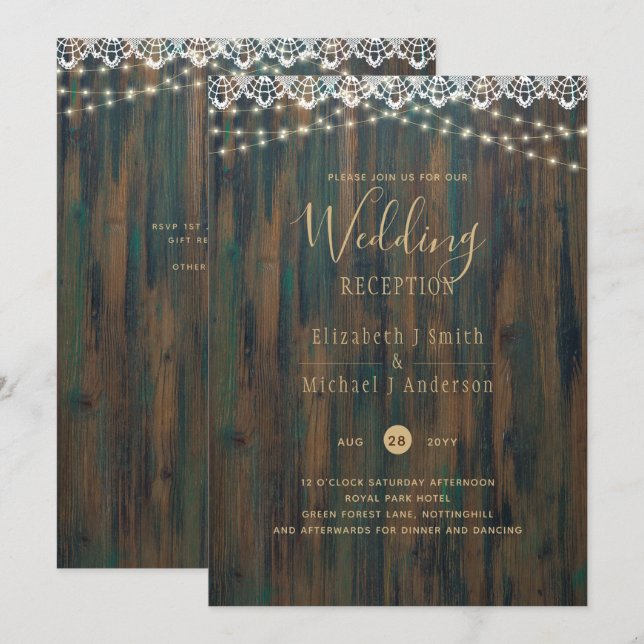 BUDGET RUSTIC LIGHTS LACE WEDDING RECEPTION INVITE (Front/Back)