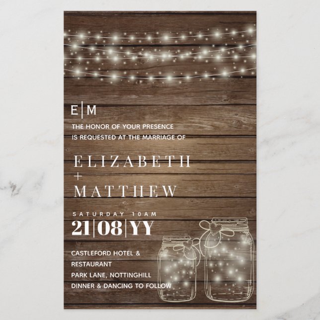 Budget Rustic Lights Mason Jars Wedding Invites (Front)