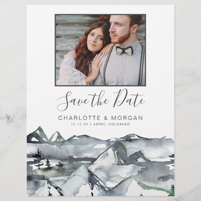 Budget Rustic Mountain Watercolor Save the Date  Flyer (Front)