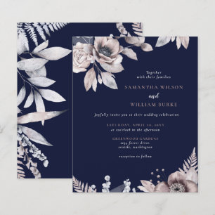 Budget Rustic Navy Floral Wedding Invitation