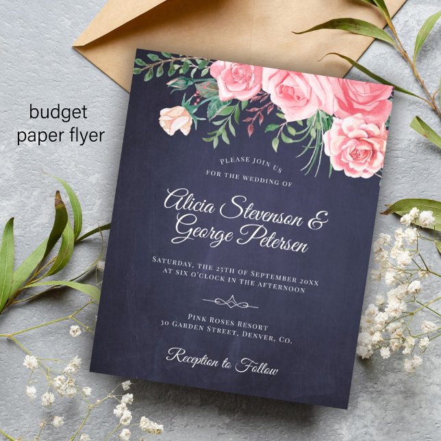 Budget rustic navy pink floral wedding invitation flyer (Creator Uploaded)