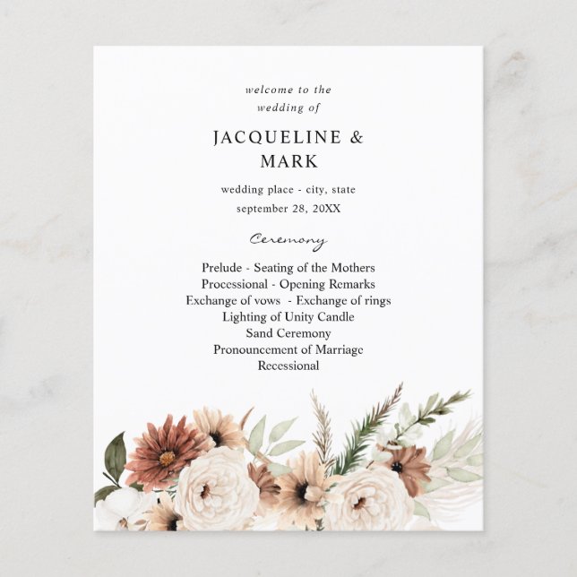 Budget Rustic Neutral Boho Floral Wedding Ceremony Flyer (Front)