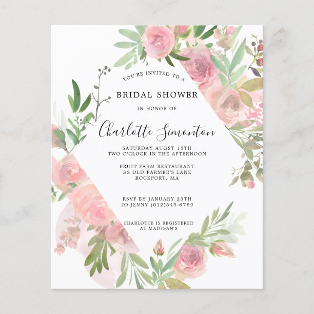 Budget Rustic Pink Floral Bridal Shower Invitation (Front)