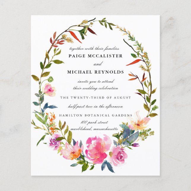 Budget Rustic Pink Floral Wedding Invitation (Front)