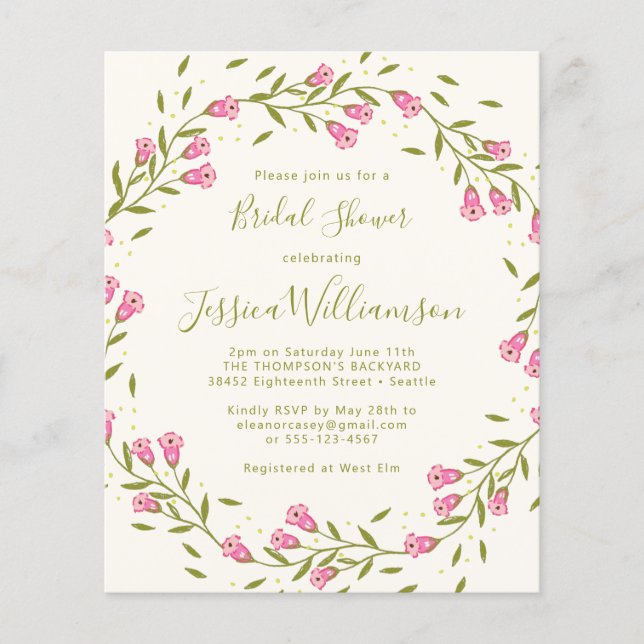 Budget Rustic Pink Garden Flowers Bridal Shower   (Front)