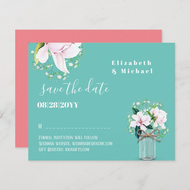 BUDGET Rustic Pink Magnolias Floral Save The Dates (Front/Back)