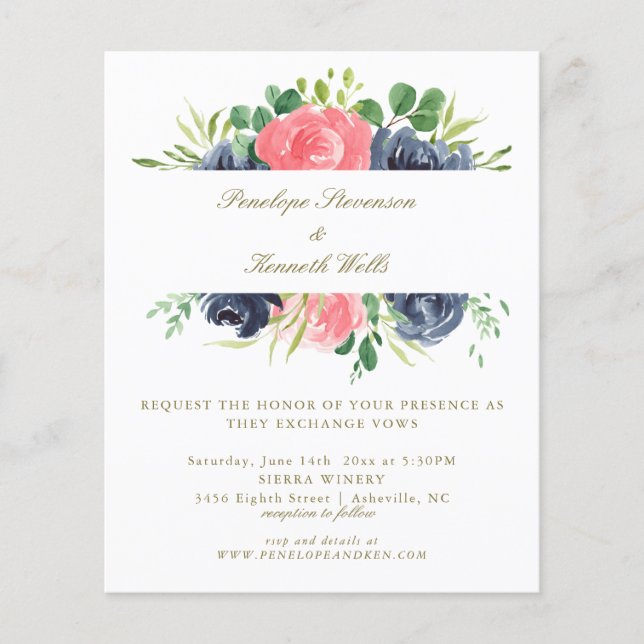 Budget Rustic Pink Navy Rose Floral Wedding Invite (Front)