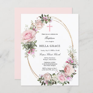 Budget Rustic Pink Rose Floral Baptism Invitation