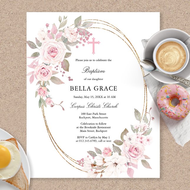 Budget Rustic Pink Rose Floral Baptism Invitation (Creator Uploaded)