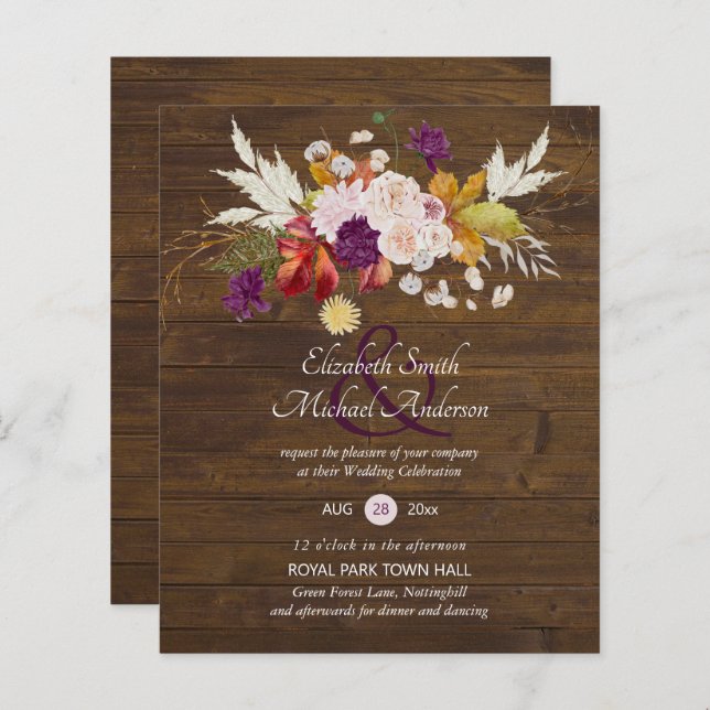Budget Rustic Plum Blooms Ginger Wedding Invites (Front/Back)