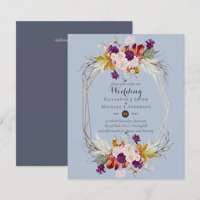 Budget Rustic Plum Floral Dusty Blue Fall Invites (Front/Back)