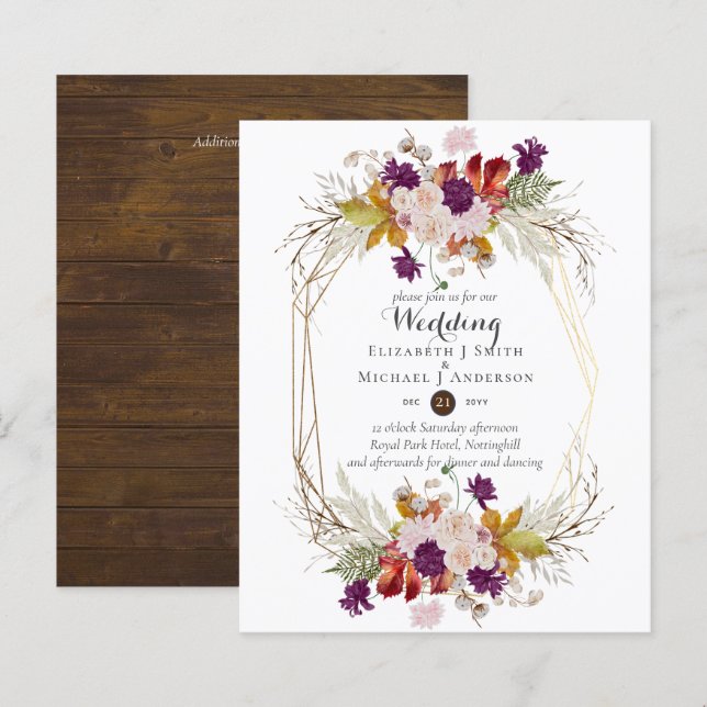 Budget Rustic Plum Floral Wedding Fall Invites (Front/Back)
