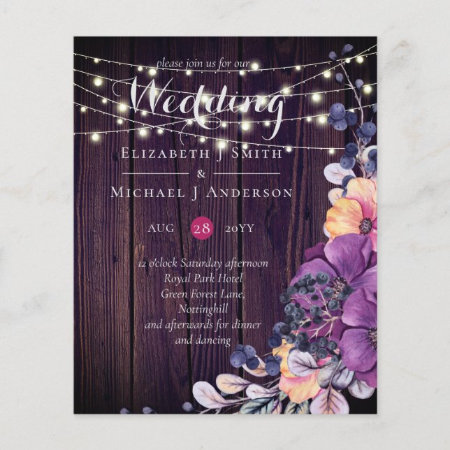 BUDGET Rustic Purple Flowers Orange Wedding Invite (Front)