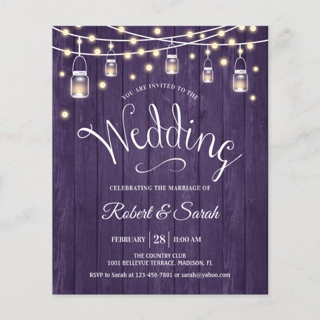 Budget Rustic Purple Wood Wedding Invitation Flyer (Front)