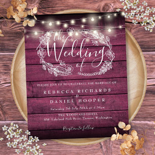 Budget Rustic Red Wood String Light Wedding Invite