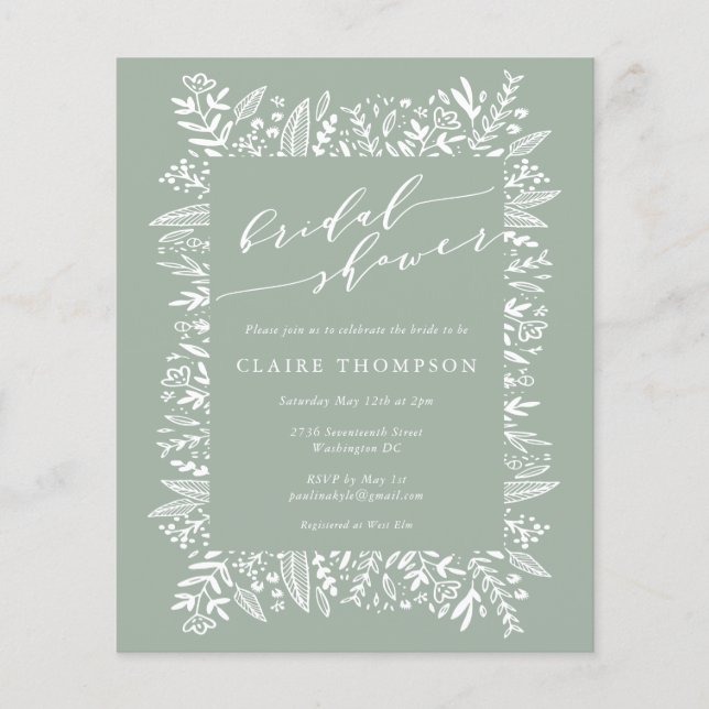 Budget Rustic Sage Floral Line Art Bridal Shower (Front)