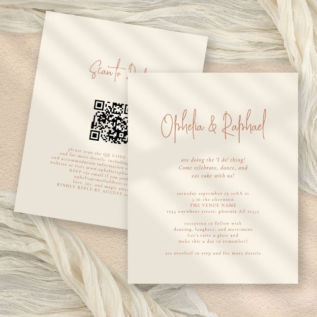 Budget Rustic Script QR Boho Cream Wedding invite (Front and back view)