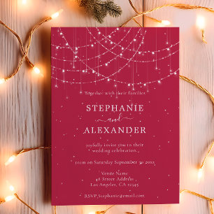 Budget Rustic String Lights Magenta Wedding Invite