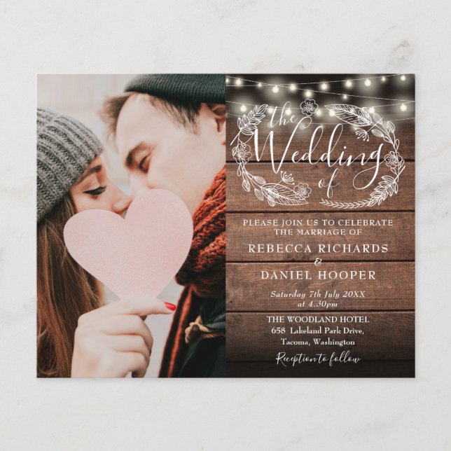 Budget Rustic String Lights Photo Wedding Invite (Front)
