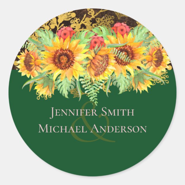 Budget Rustic Summer Sunflowers Floral Wedding  Classic Round Sticker (Front)