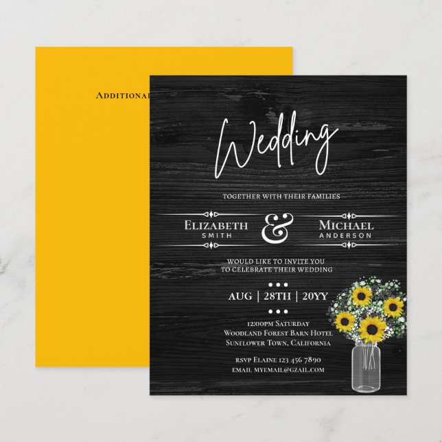 BUDGET Rustic Sunflower BabysBreath Wedding Invite (Front/Back)